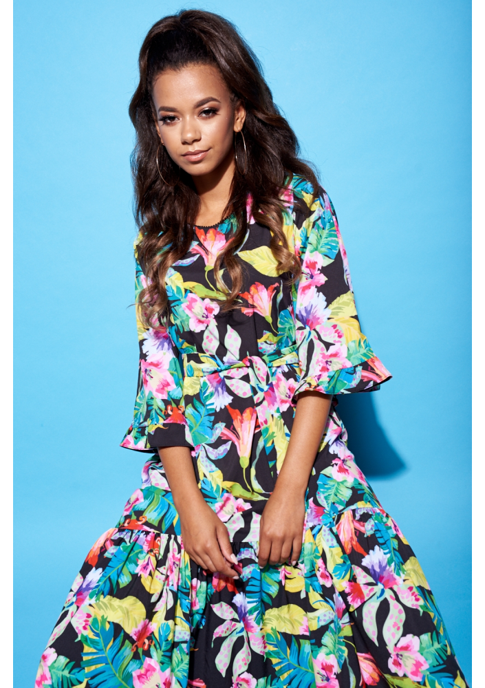 SUKIENKA MAXI Z PASKIEM BLACK EXOTIC FLOWER