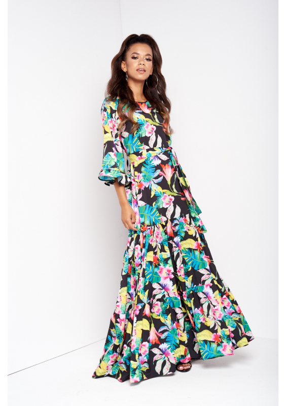 SUKIENKA MAXI Z PASKIEM BLACK EXOTIC FLOWER