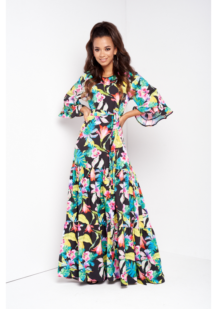 SUKIENKA MAXI Z PASKIEM BLACK EXOTIC FLOWER