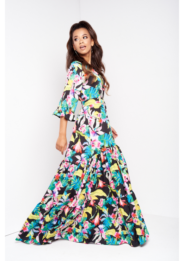 SUKIENKA MAXI Z PASKIEM BLACK EXOTIC FLOWER