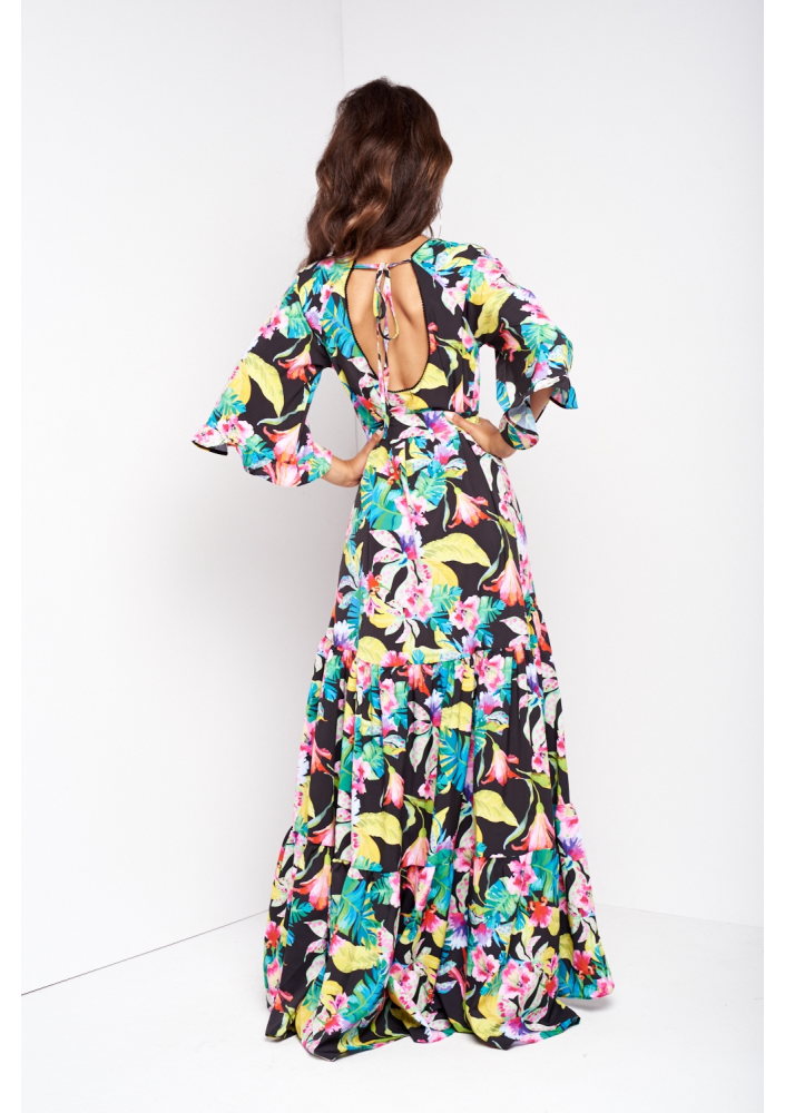 SUKIENKA MAXI Z PASKIEM BLACK EXOTIC FLOWER