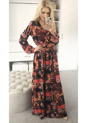 CROSSOVER MAXI DRESS IN RED ORNAMENT PRINT