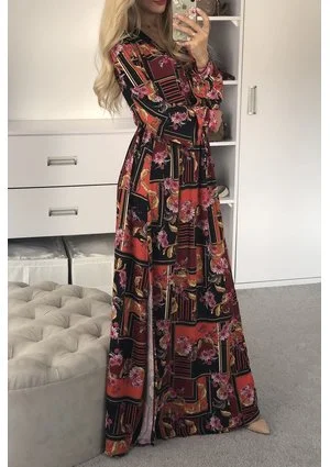 CROSSOVER MAXI DRESS IN RED ORNAMENT PRINT
