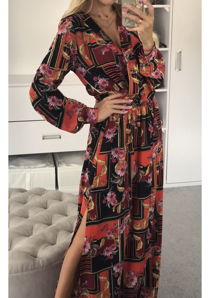 CROSSOVER MAXI DRESS IN RED ORNAMENT PRINT