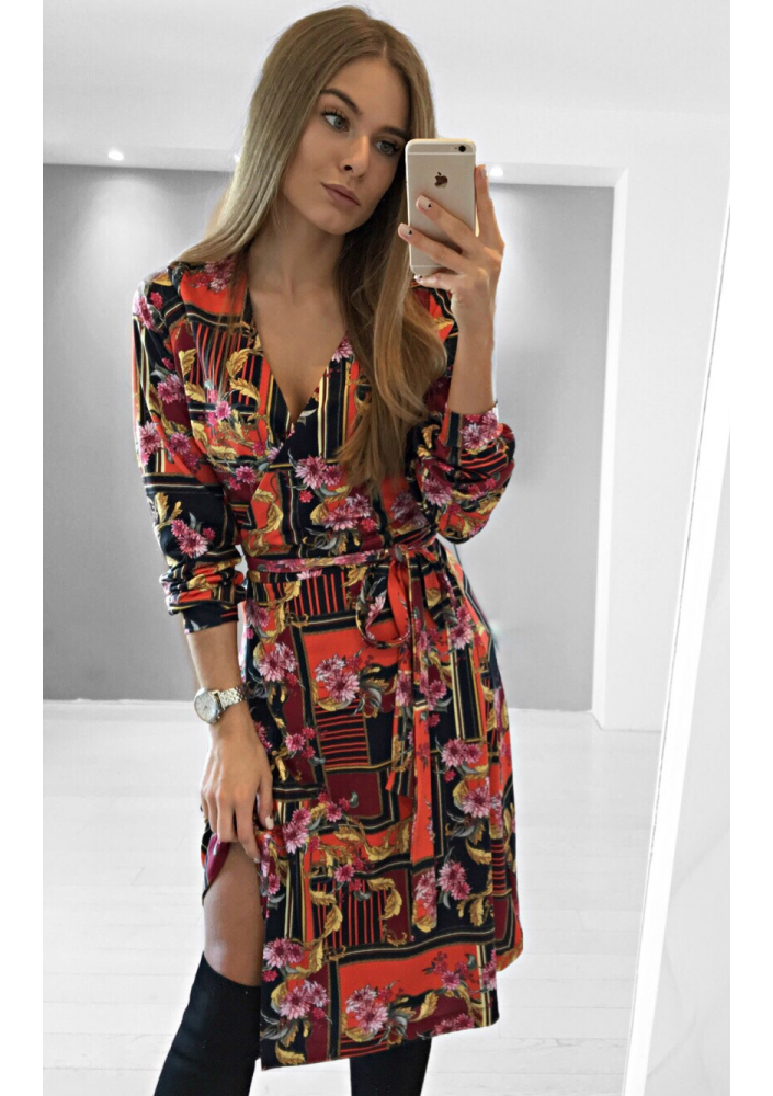 MIDI DRESS INRED ORNAMENT PRINT
