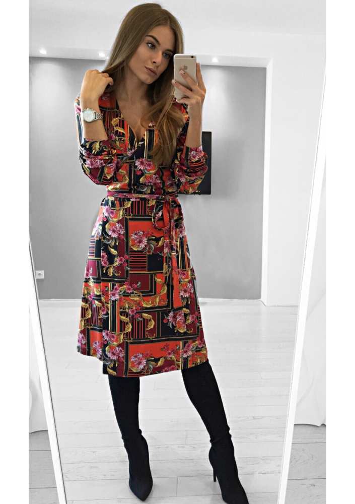 MIDI DRESS INRED ORNAMENT PRINT