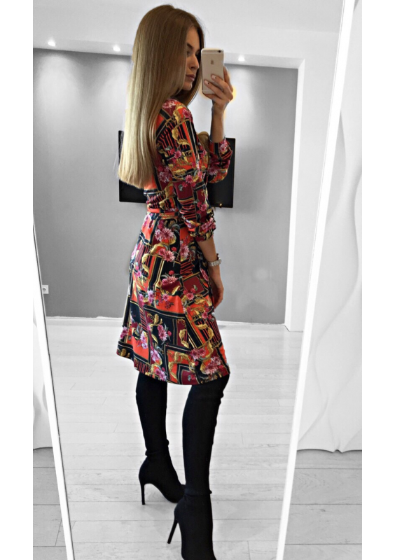 MIDI DRESS INRED ORNAMENT PRINT