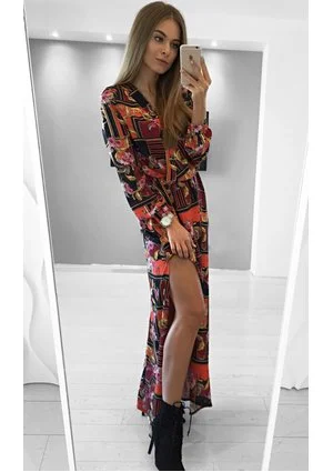 KOPERTOWA SUKIENKA MAXI RED ORNAMENT PRINT