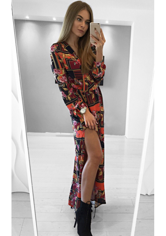 CROSSOVER MAXI DRESS IN RED ORNAMENT PRINT