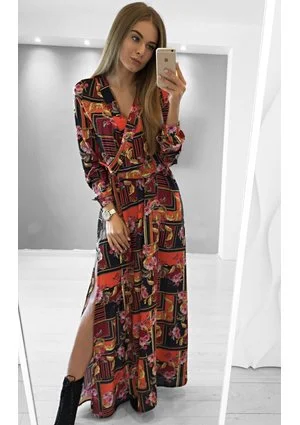 CROSSOVER MAXI DRESS IN RED ORNAMENT PRINT