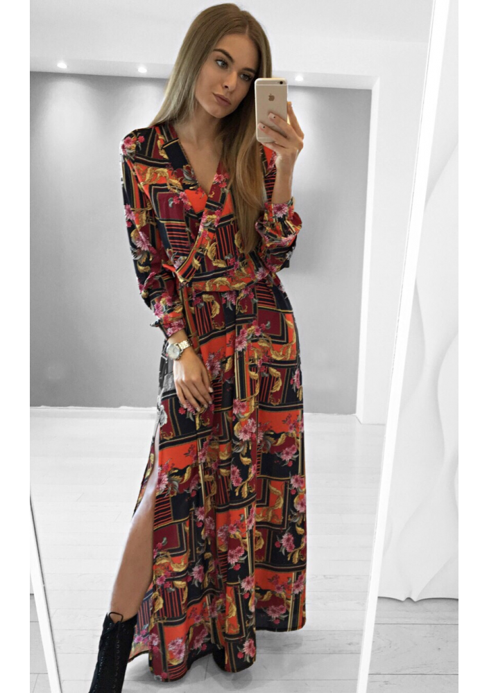 KOPERTOWA SUKIENKA MAXI RED ORNAMENT PRINT