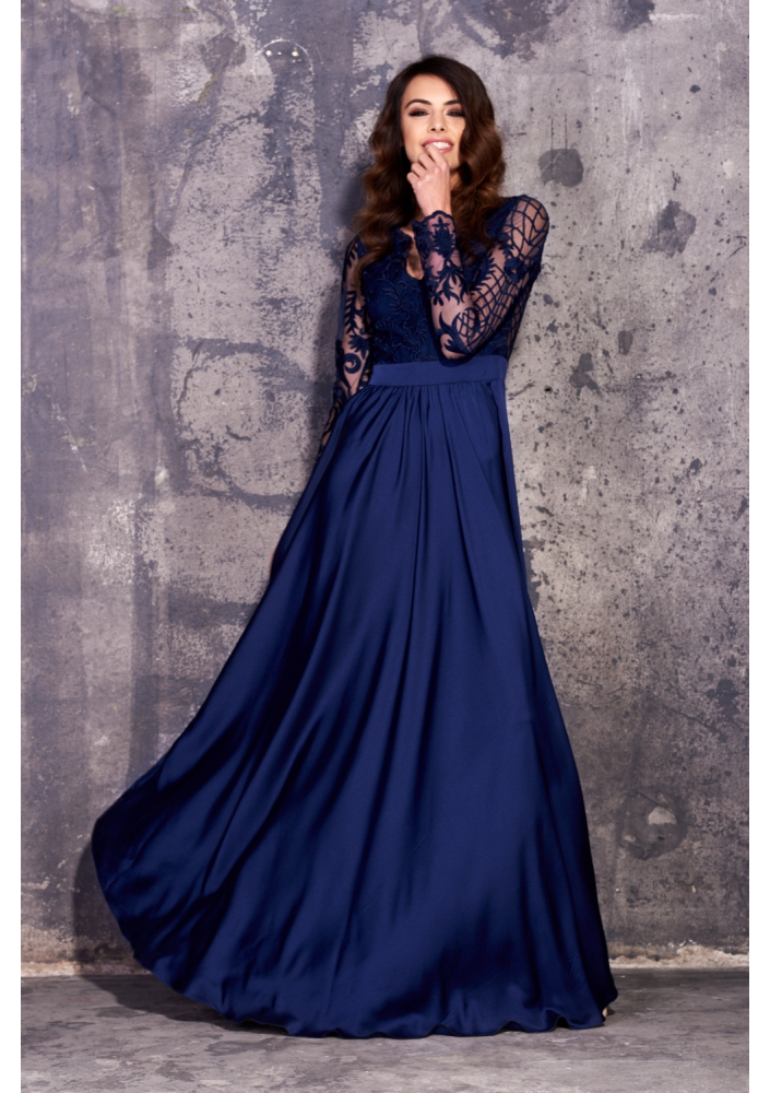 SATYNOWA SUKIENKA MAXI Z GIPIUROWĄ GÓRĄ