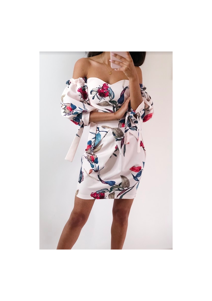 GORSETOWA SUKIENKA Z BUFIASTYM RĘKAWEM W KWIATY