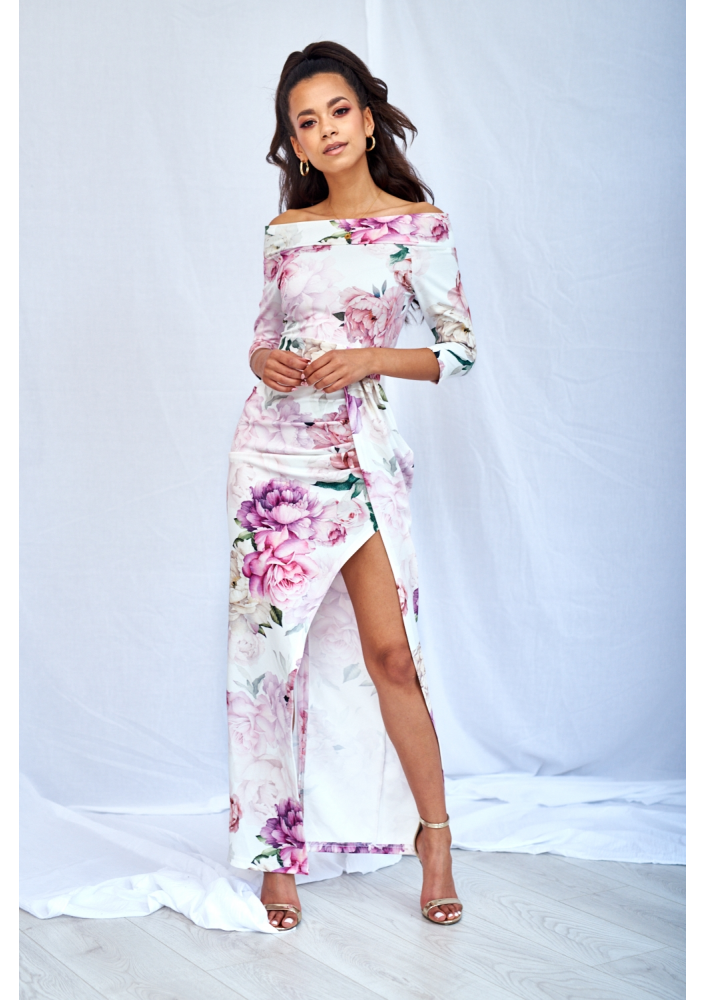 DOPASOWANA SUKIENKA  MAXI WHITE ROSE PRINT