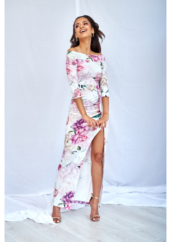 DOPASOWANA SUKIENKA  MAXI WHITE ROSE PRINT
