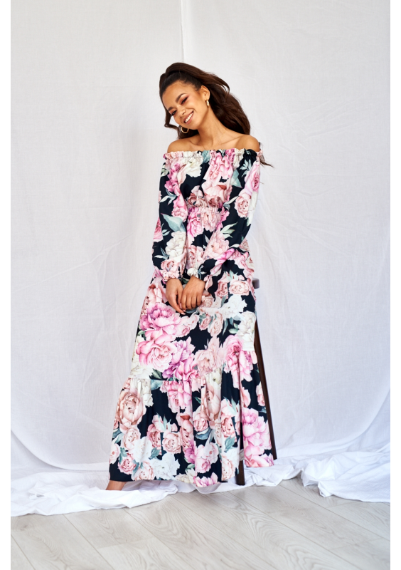 SUKIENKA MAXI  BLACK ROSE PRINT