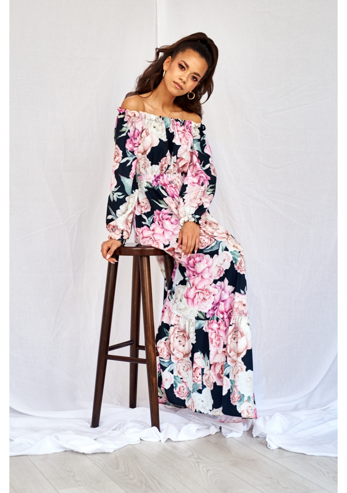 SUKIENKA MAXI  BLACK ROSE PRINT