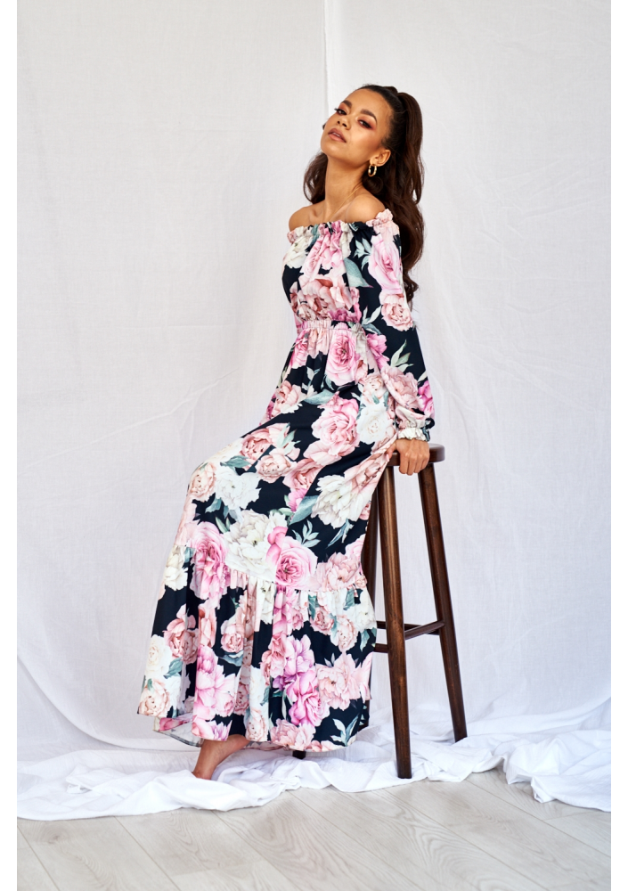SUKIENKA MAXI  BLACK ROSE PRINT