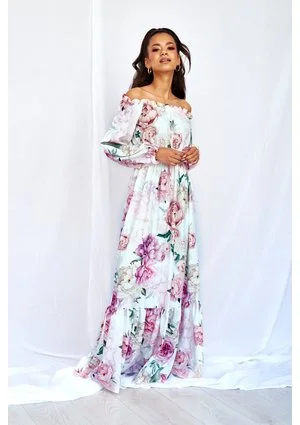 SUKIENKA MAXI WHITE ROSE PRINT