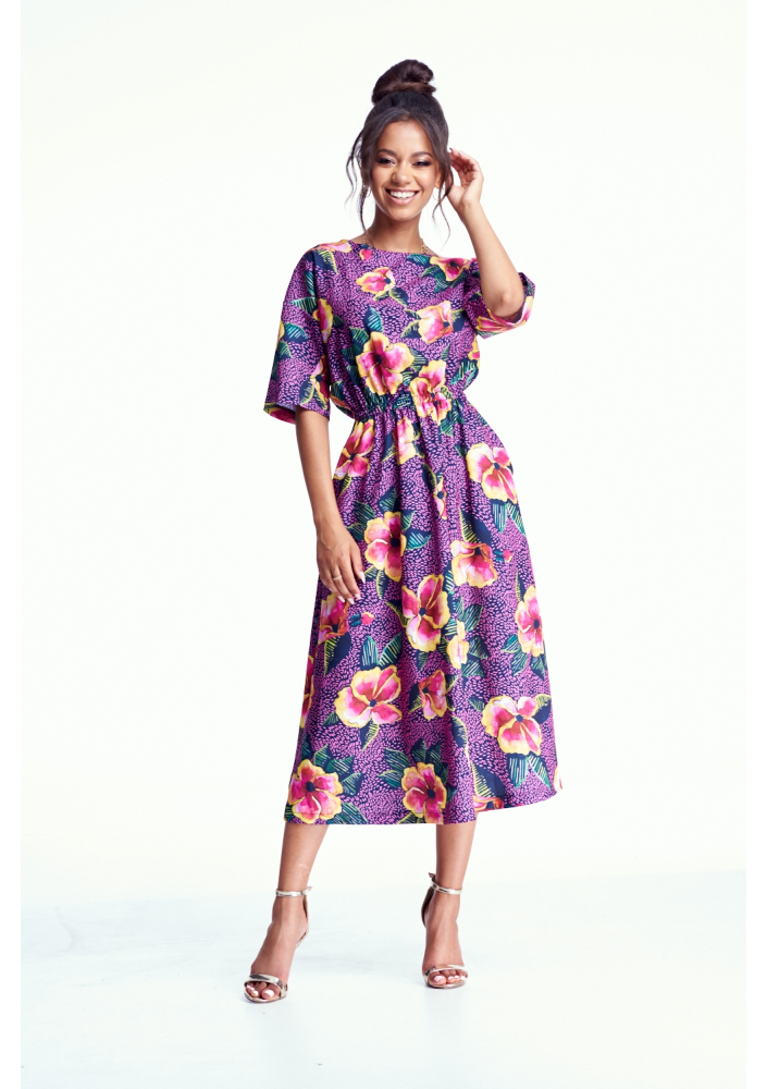 SUKIENKA MIDI PINK FLOWER PRINT