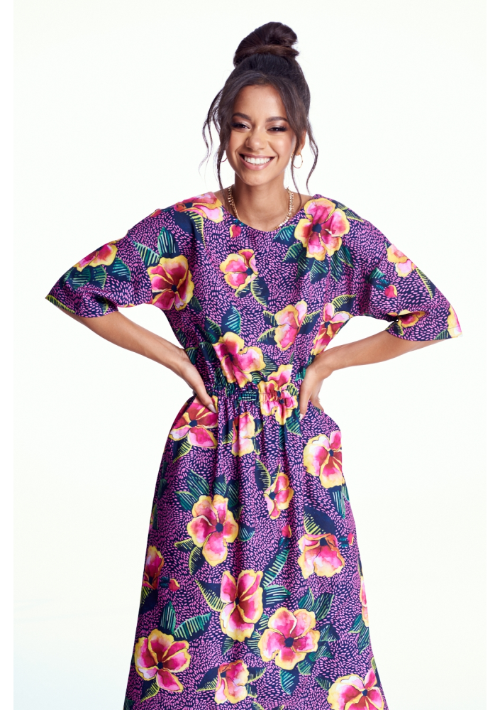 SUKIENKA MIDI PINK FLOWER PRINT
