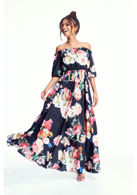 SUKIENKA MAXI BLACK FLOWER