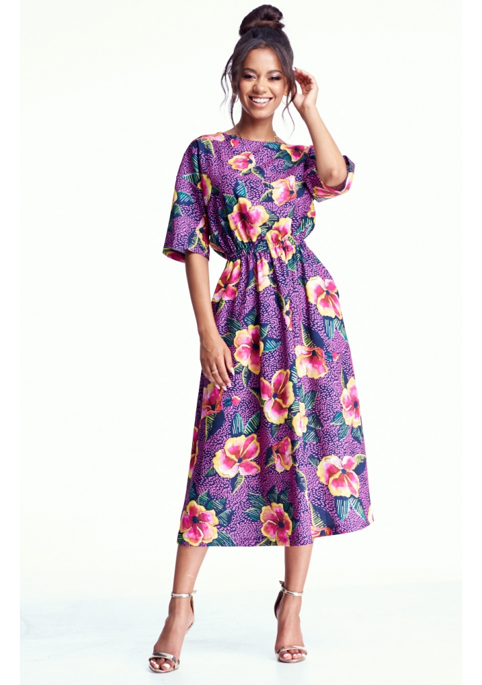 SUKIENKA MIDI PINK FLOWER PRINT