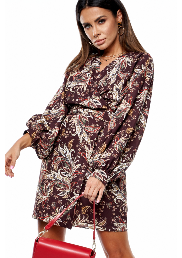 Sukienka z szerokim rękawem w jesienny print