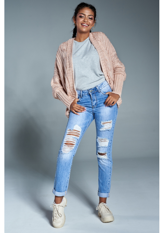 Sweter narzutka z warkoczem A15 Pudrowy ILM