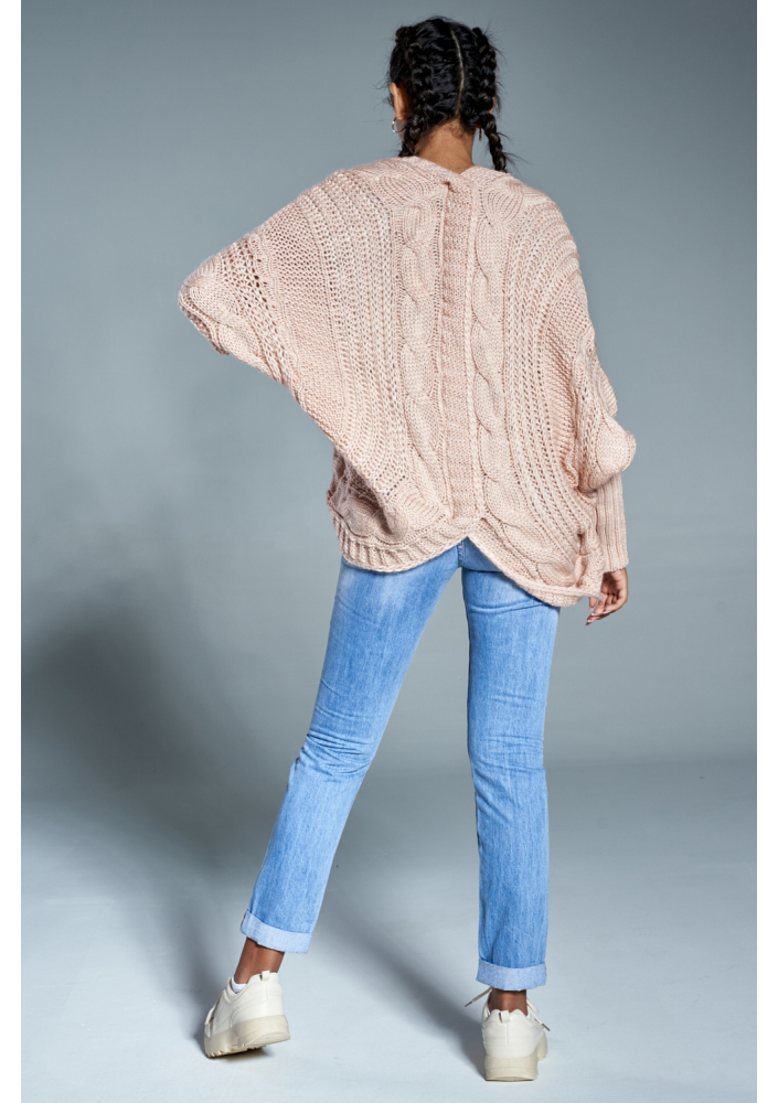 Sweter narzutka z warkoczem A15 Pudrowy ILM