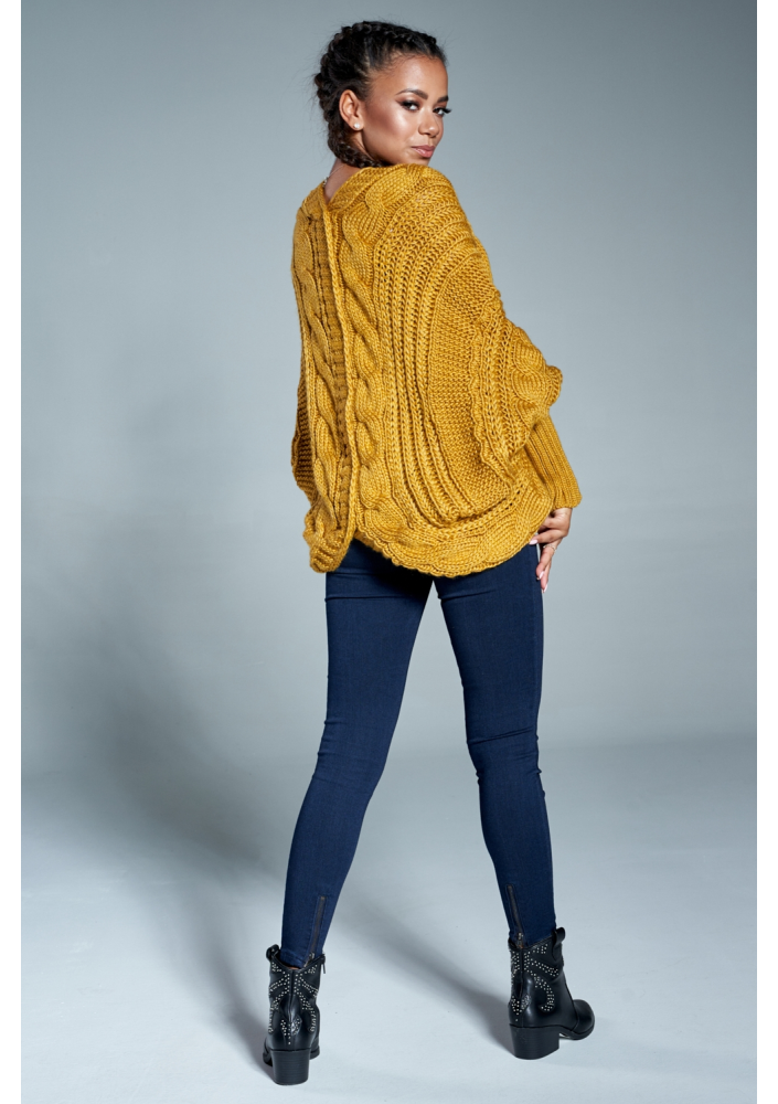 Sweter narzutka z warkoczem A15 Musztardowy ILM
