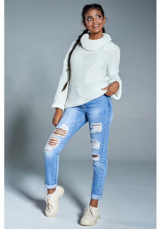 Sweter z golfem o grubym splocie A12 Kremowy ILM