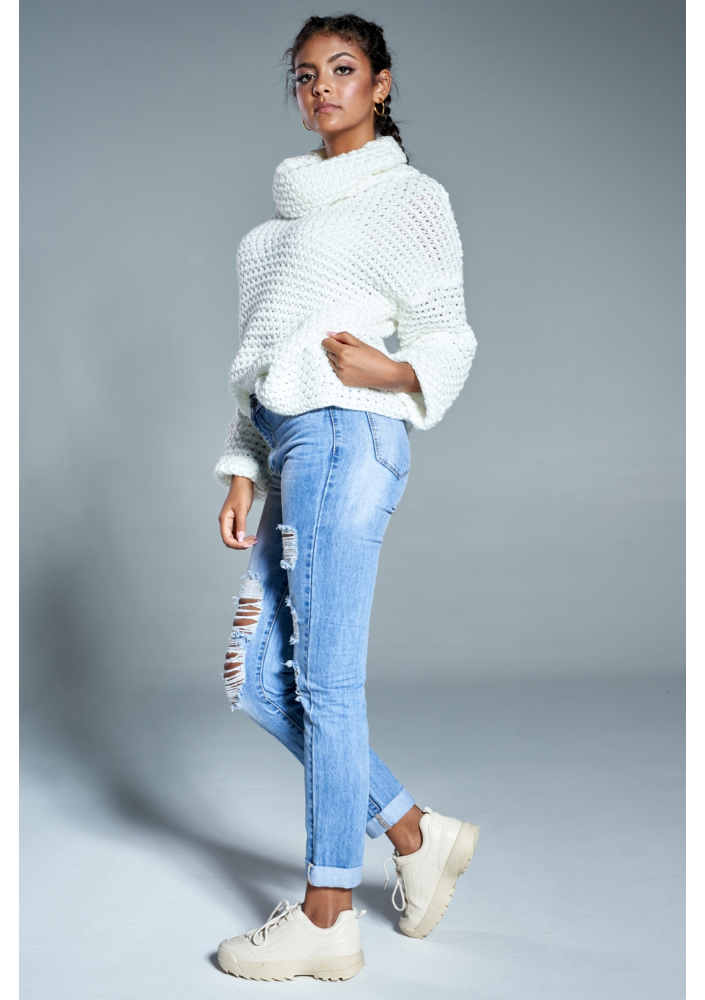 Sweter z golfem o grubym splocie A12 Kremowy ILM