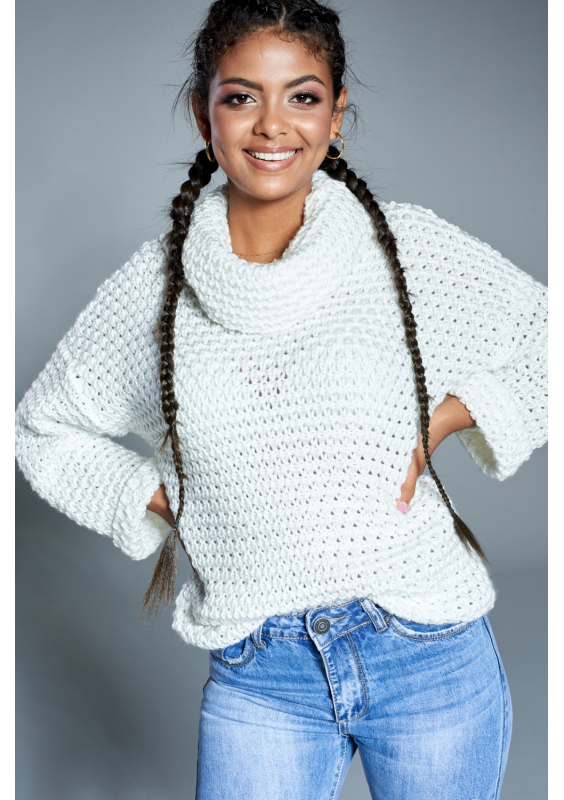 Sweter z golfem o grubym splocie A12 Kremowy ILM