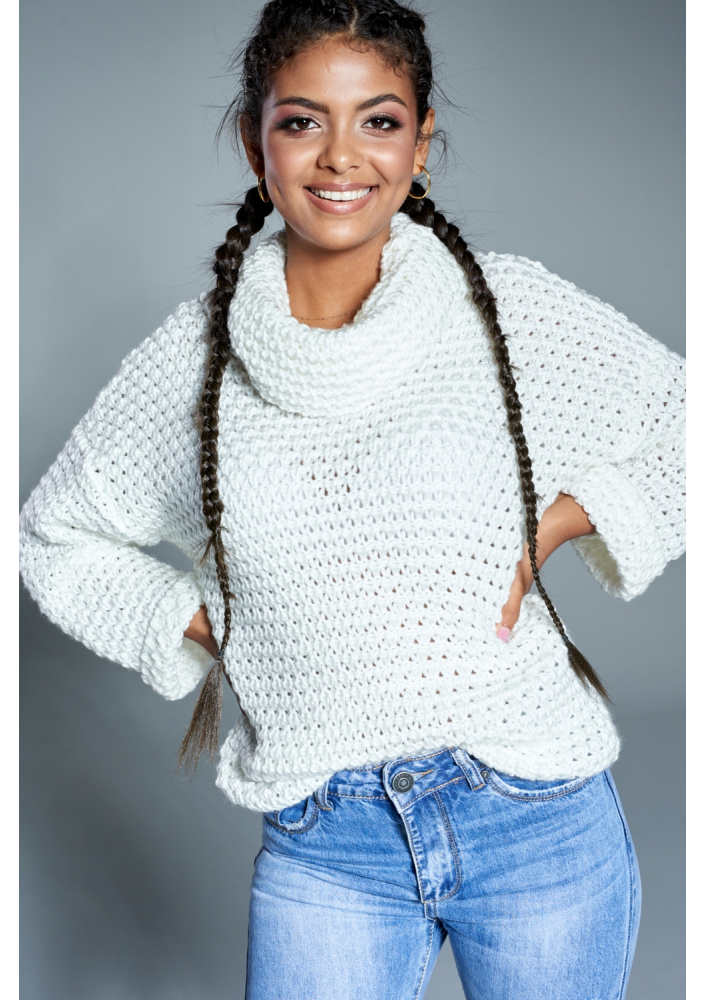 Sweter z golfem o grubym splocie A12 Kremowy ILM