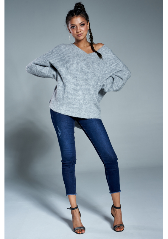 Sweter oversize z dekoltem V A006 Szary ILM