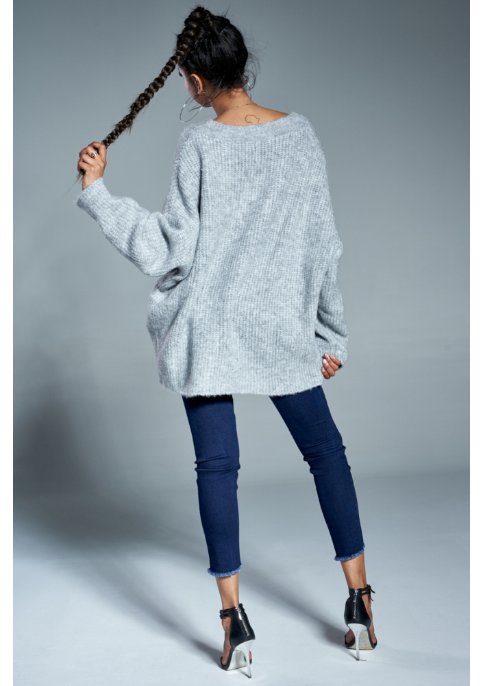 Sweter oversize z dekoltem V A006 Szary ILM