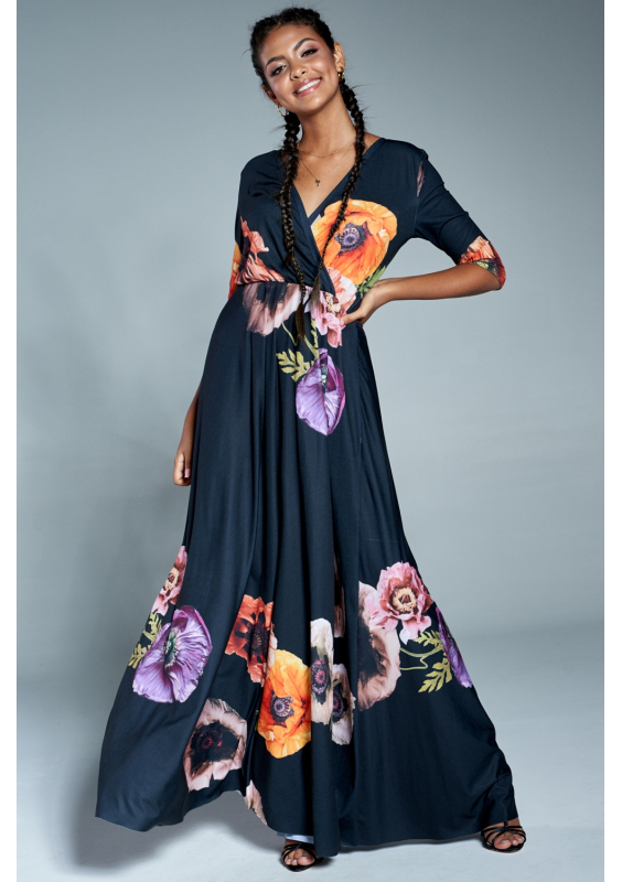 Jesienna sukienka maxi w kwiaty