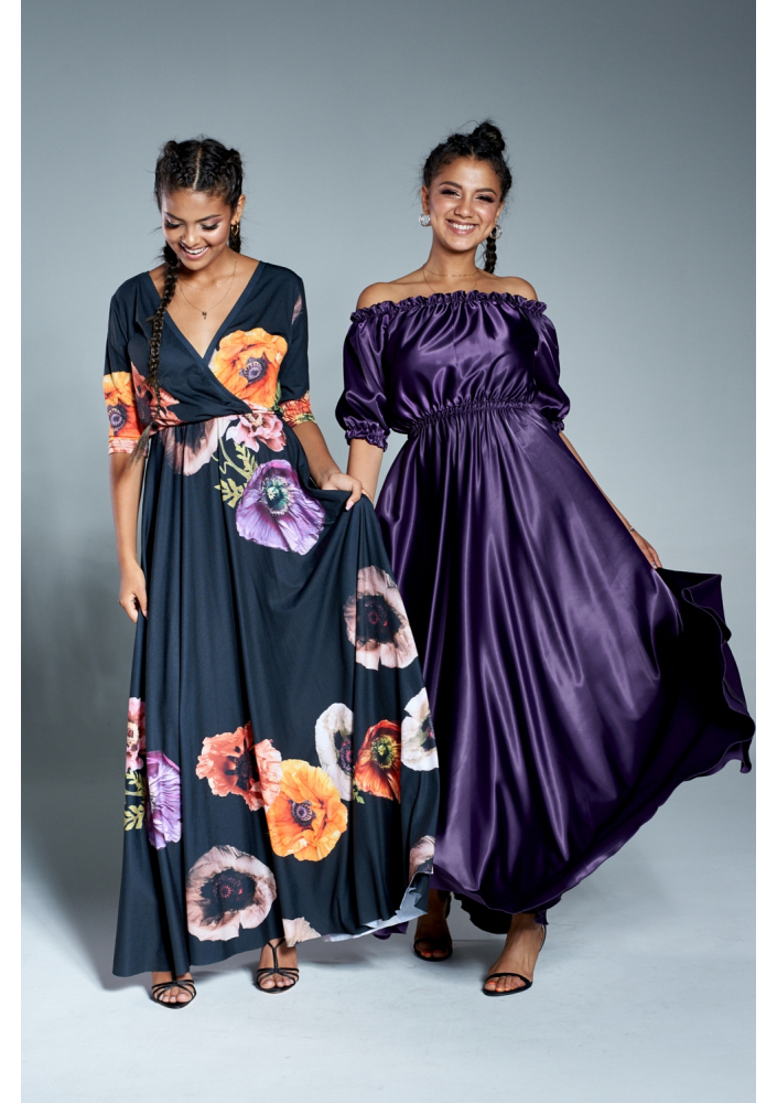 Sukienka maxi w hiszpańskim stylu z satyny Fioletowa