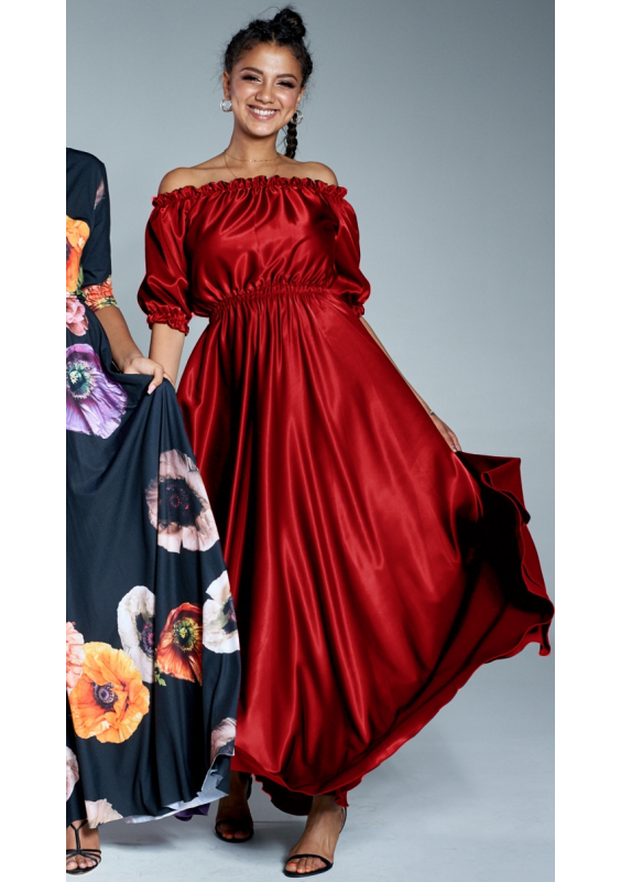 Sukienka maxi w hiszpańskim stylu z satyny Czerwona