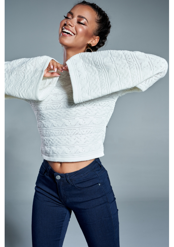 Sweter ażurowy z poszerzanym rękawem A Kremowy ILM