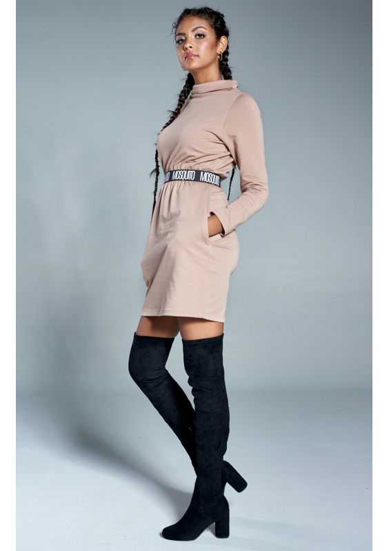 Sukienka na stójce z gumą logo  Beżowa ILM