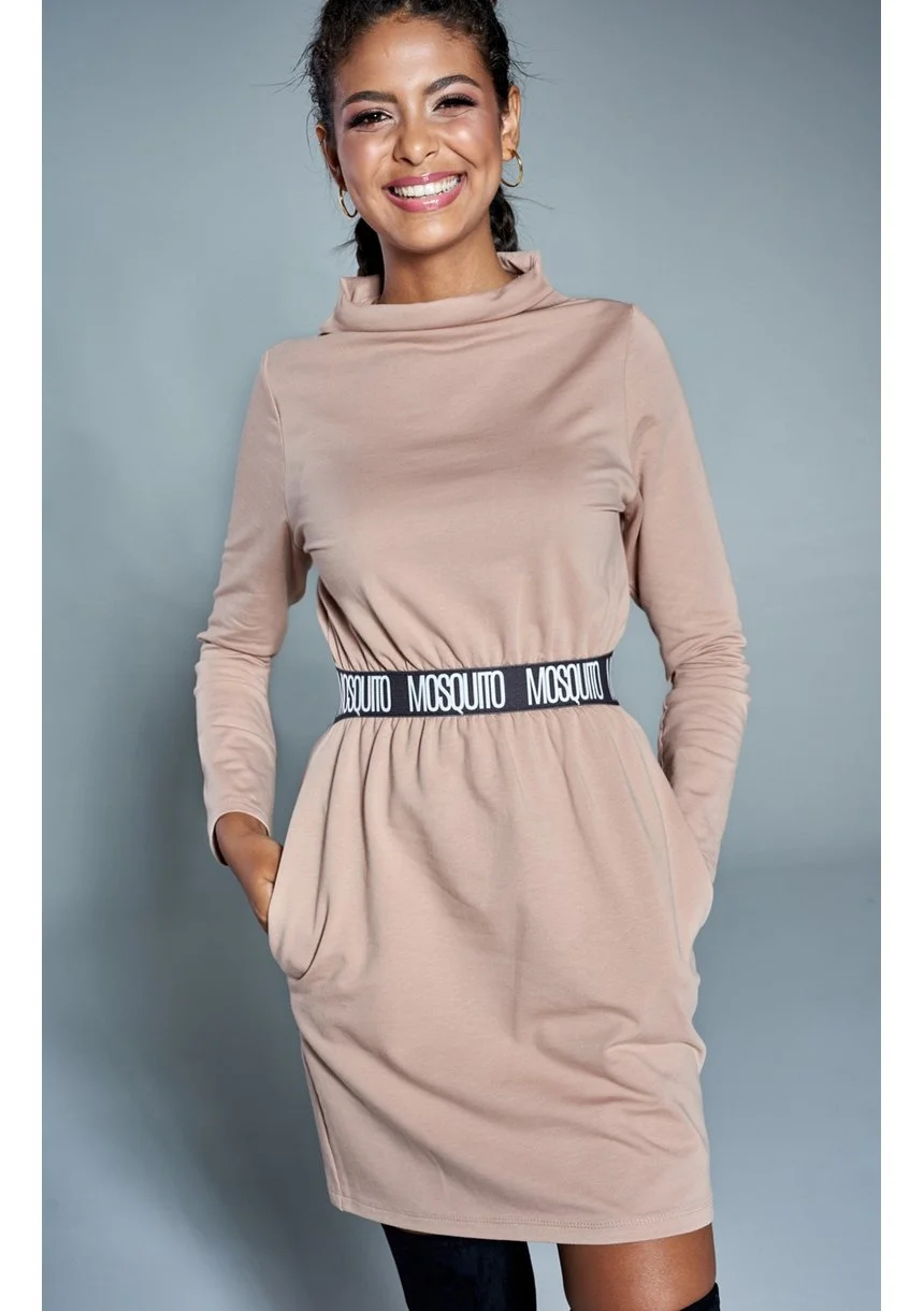Sukienka na stójce z gumą logo  Beżowa ILM