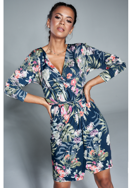 Sukienka w kwiaty z asymetrią Granatowa