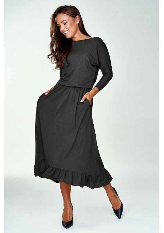 Sukienka midi z falbanką Szara