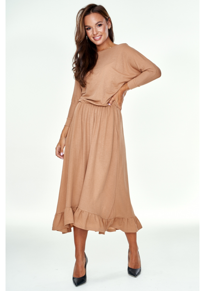 Sukienka midi z falbanką Beżowa