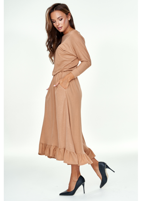 Sukienka midi z falbanką Beżowa