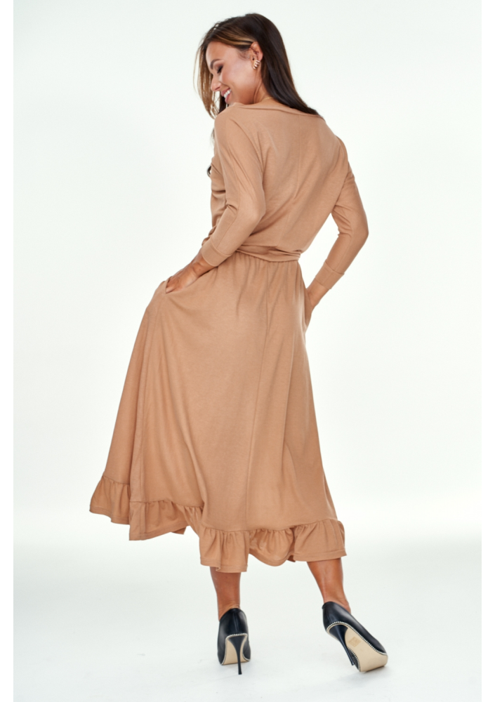 Sukienka midi z falbanką Beżowa