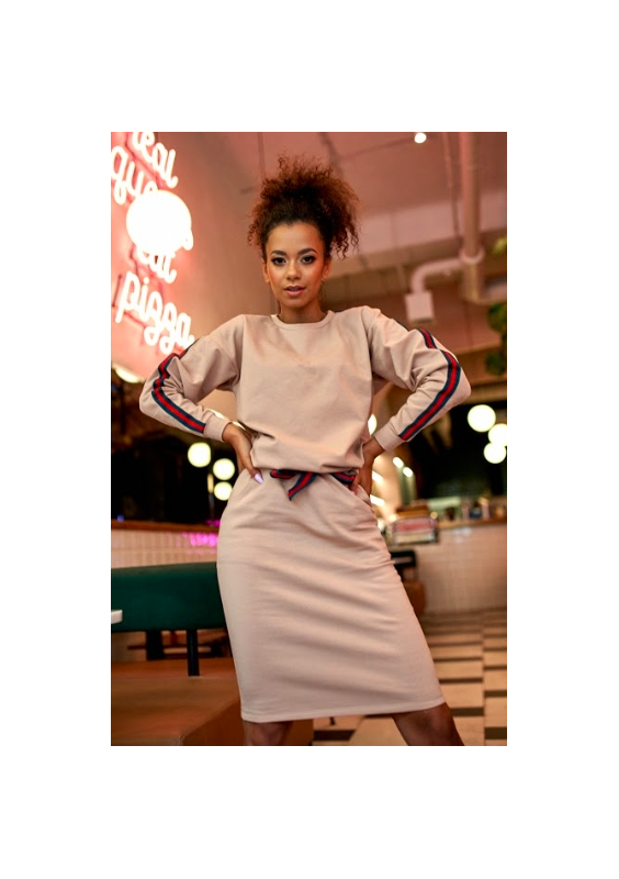 Komplet ze spódnicą z lampasami Beżowy