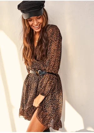 Kopertowa sukienka z szyfony Brown Dots print